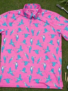 Chubbies Men's Golf Polo Shirt XL Pink Toucan Print Performance Stretch